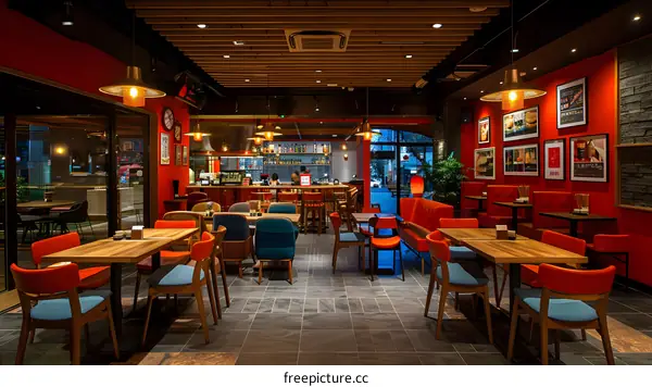 A stylish restaurant with red and blue chairs and a bar