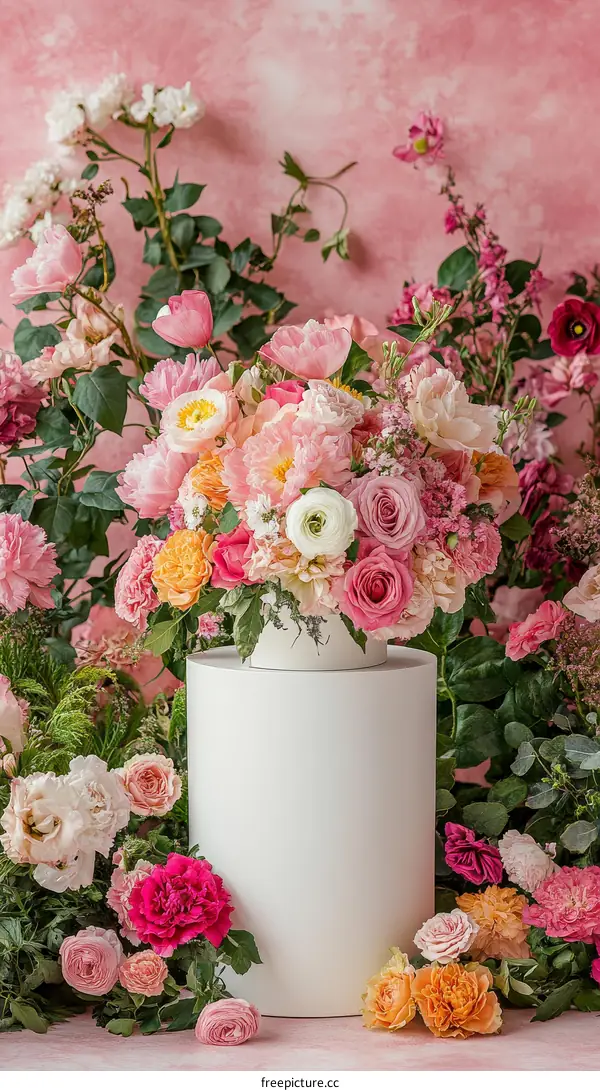 Pink Floral Arrangement on White Display