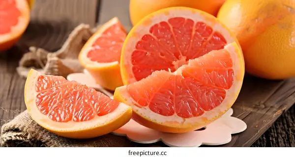 Close Up of Sliced Grapefruit on Wooden Table