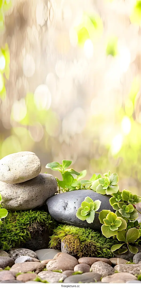 Nature Stones and Green Plants with Bokeh Background