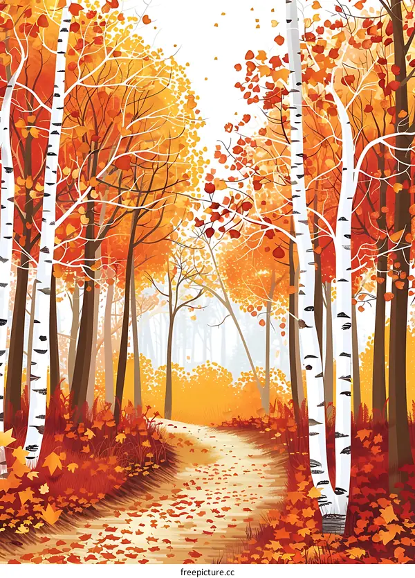 Autumn Forest Path with Birch Trees