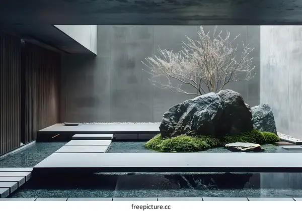 Minimalist Zen Garden Design with Stones, Water, and Plants