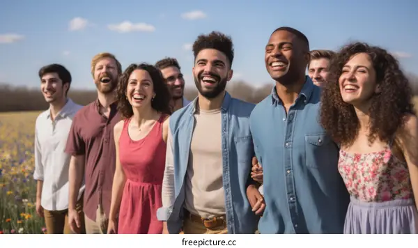 A group of diverse friends laughing and walking in a field of flowers on a sunny day
