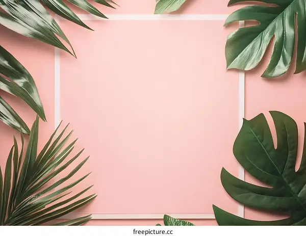 Tropical Leaves Frame Pink Background Minimalist Style