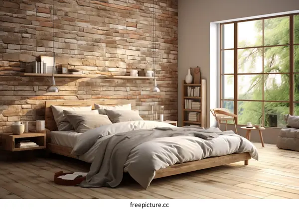 cozy bedroom interior design with brick wall and large windows