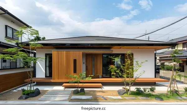 Modern Japanese House With Wooden Facade And Green Plants