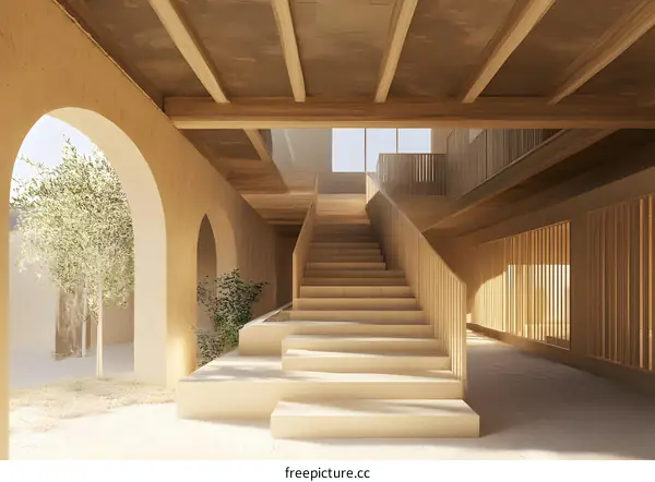 Modern Staircase Design with Wooden Beams and Arches