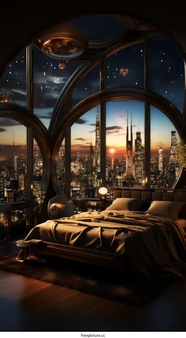 Cityscape view from bedroom at night