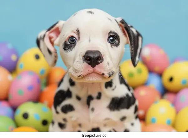Adorable Dalmatian Puppy with Easter Eggs
