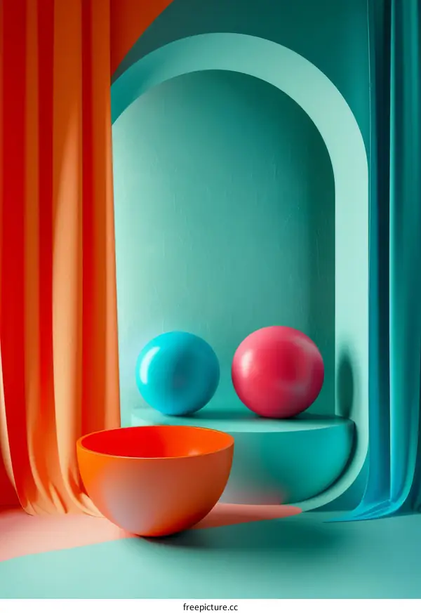Colorful Geometric Abstract Scene with Balls and Bowl