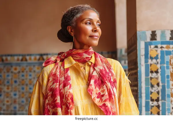 Thoughtful Woman in a Yellow Blouse with a Red Scarf