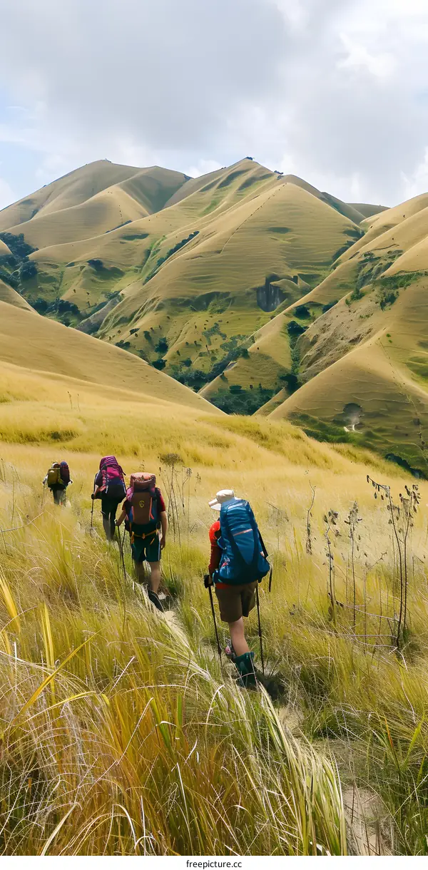 Hiking through a grassy valley with rolling hills