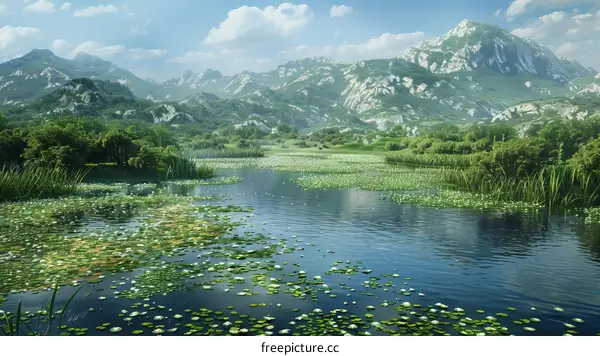Lake in the Mountains with Green Plants and White Flowers