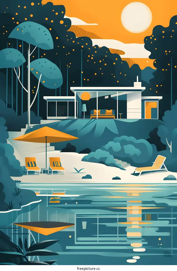 Modern House with Pool and Patio Illustration