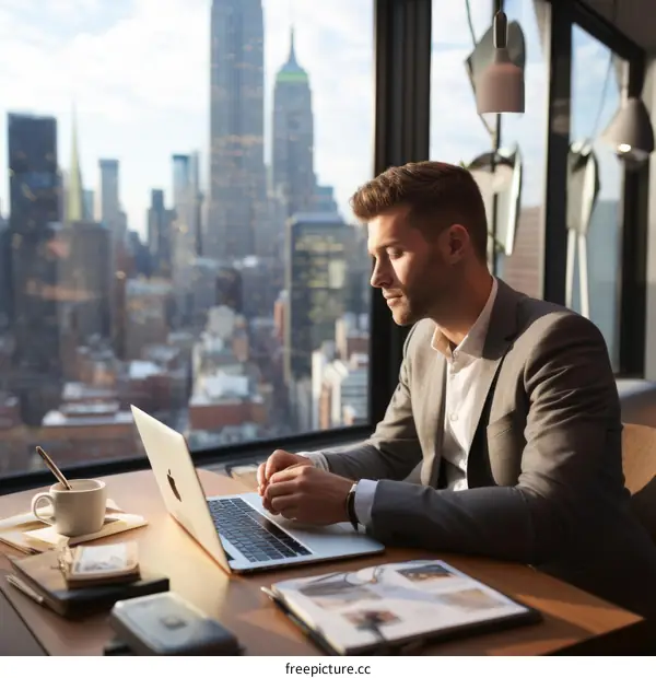 Businessman working on laptop in modern office with city view