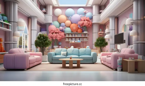 A beautiful living room with a pink and blue theme