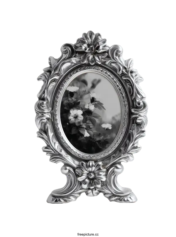[Transparent Background PNG]Ornate Silver Picture Frame with Black and White Floral Image