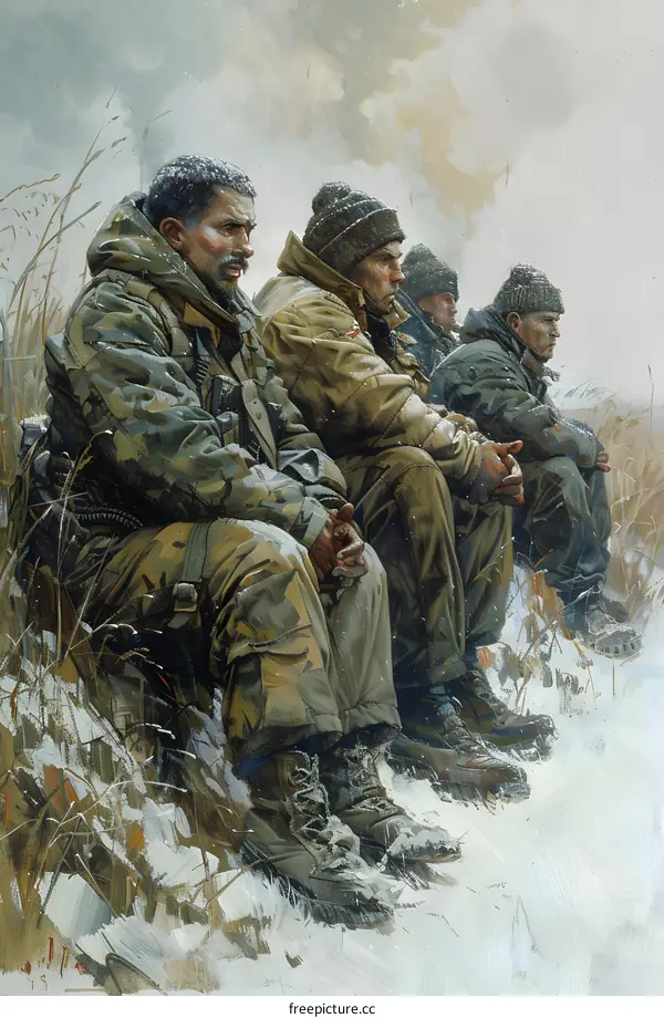 Four soldiers in winter gear take a break during a patrol.