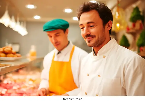 Two Caucasian Butchers in a Butcher Shop