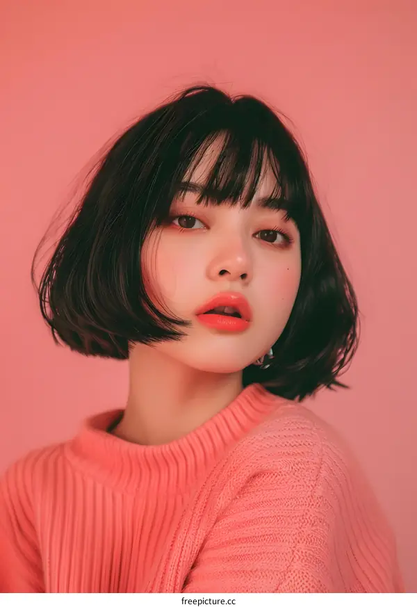 Portrait of a Young Asian Woman with Short Black Hair and Pink Sweater