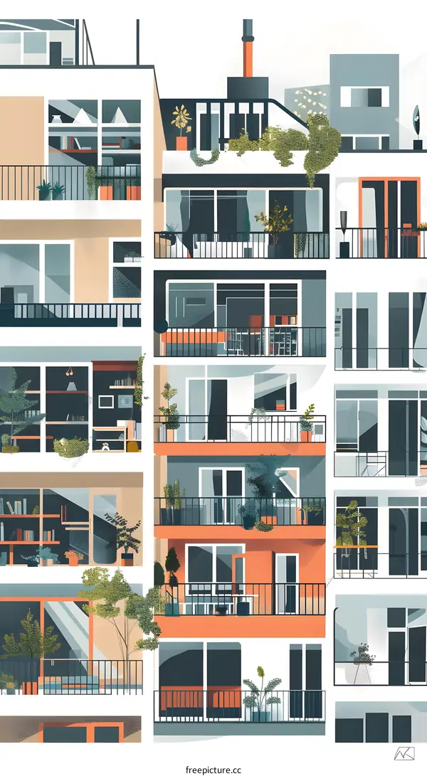 Modern Apartment Building Illustration With Balconies And Plants