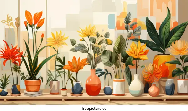 Flowers and Plants in Pots on a Shelf