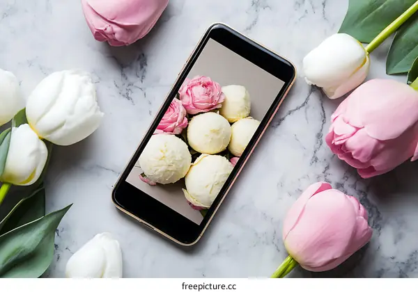 Smartphone with Flowers Displayed on Screen