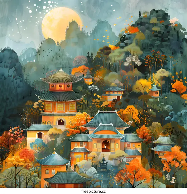Watercolor Painting of Chinese Temples in the Mountains