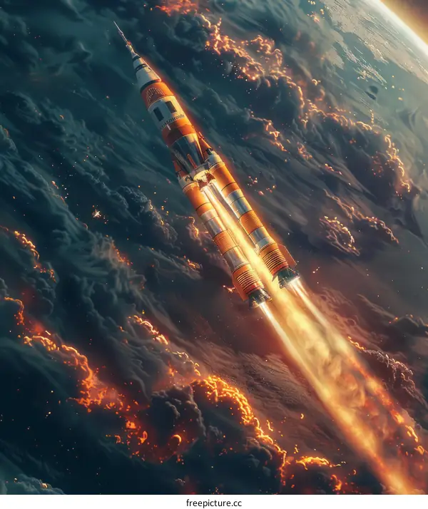 A rocket is launching from the Earth's surface into space