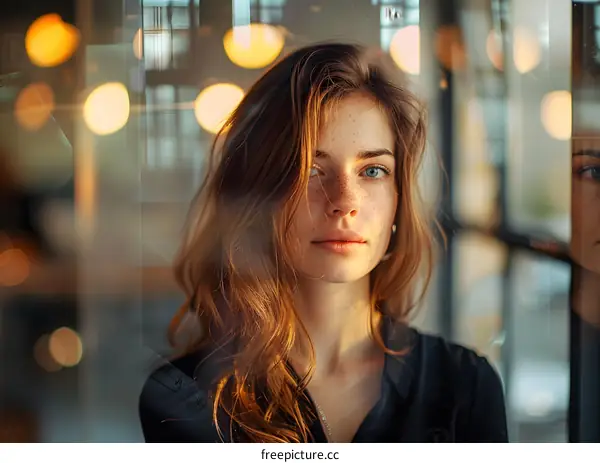portrait of a beautiful young woman with freckles and blue eyes