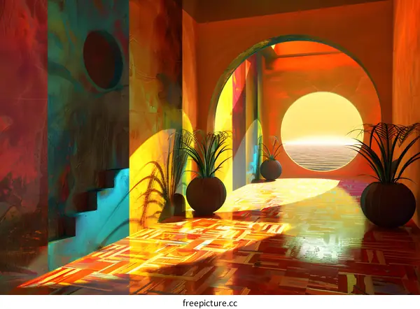 Abstract Colorful Interior with Circular Windows and Ocean View