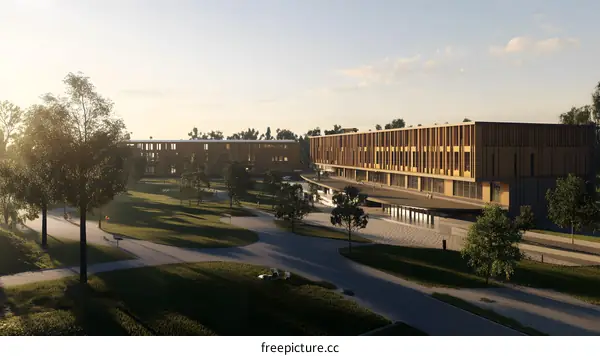 Modern Architecture Design Building With Green Grass Landscape