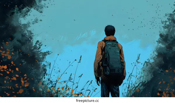 Man with Backpack Looking Up at the Sky