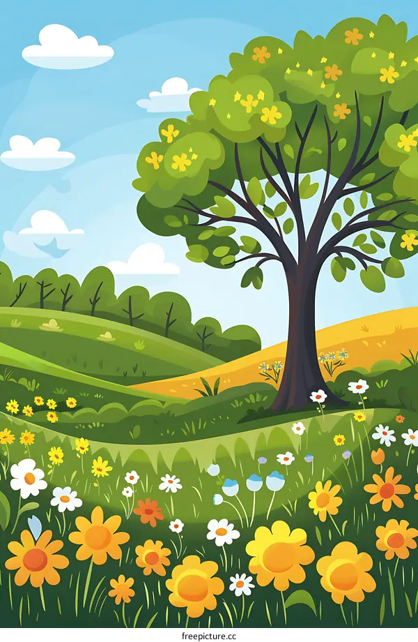 Spring Landscape with Green Tree and Flowers