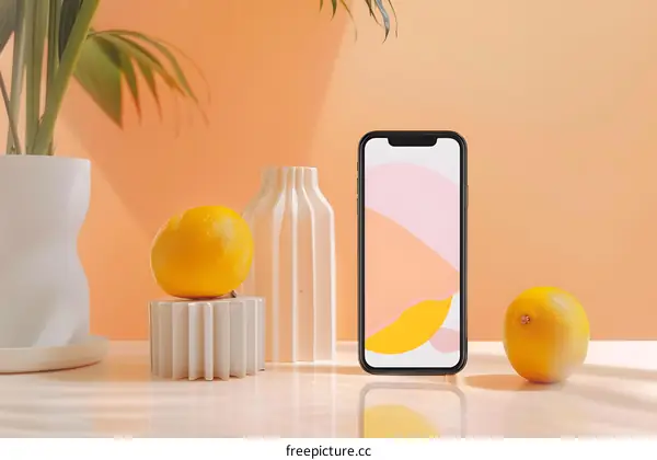Minimalist Still Life with Smartphone, Oranges, and Vases