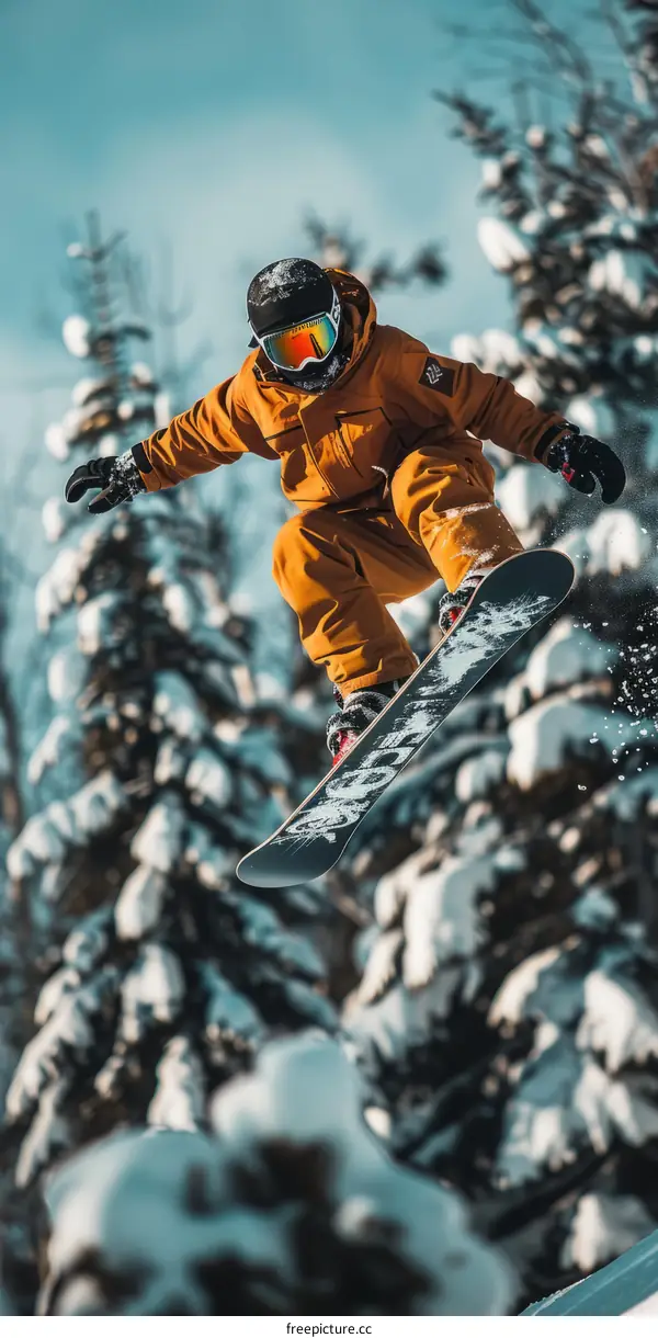 Man in orange snowboarding gear jumping over snow-covered trees