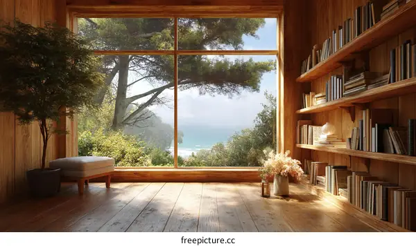 Wooden Library with Ocean View Illustration