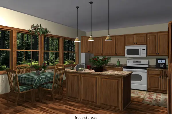 Kitchen Interior Design with Window View of Forest