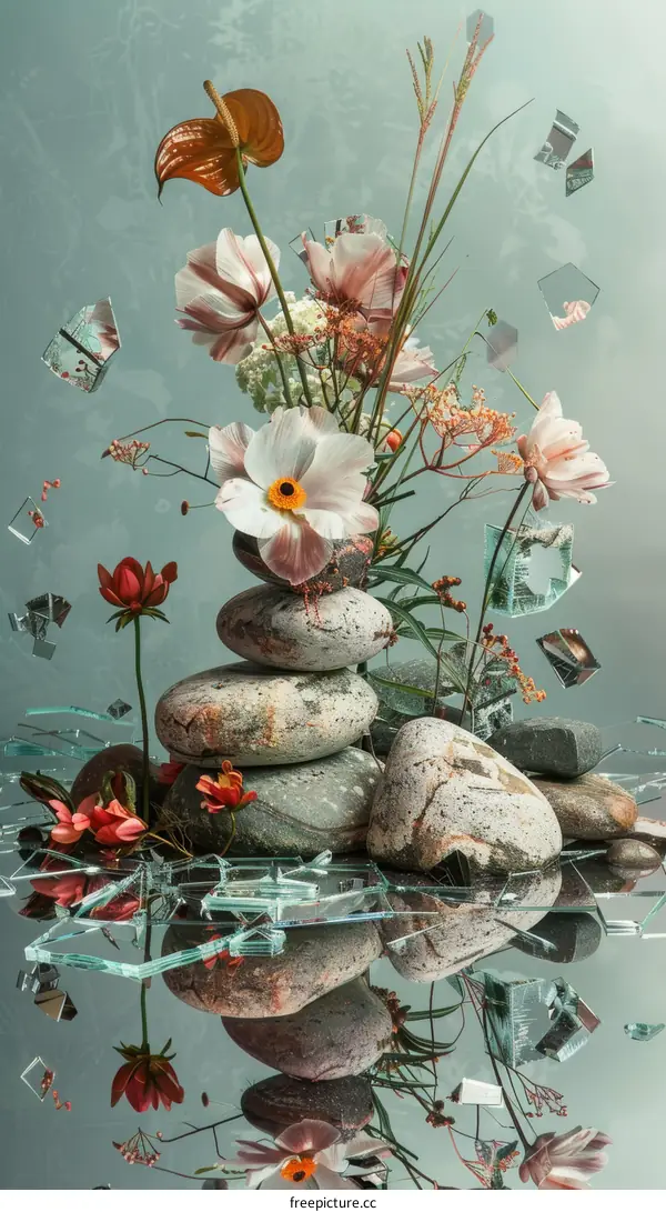 Mirror Surface Still Life with Flowers and Rocks