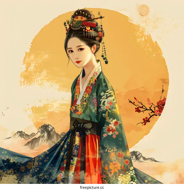 A beautiful illustration of a woman in a traditional Korean hanbok