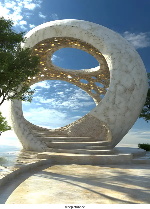 Abstract Stone Structure with Circular Opening and Steps