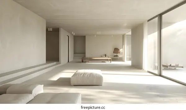 Minimalist Interior Design with Concrete Walls and Wooden Furniture