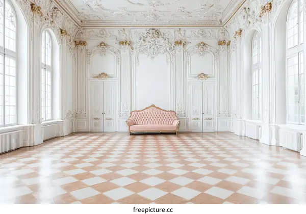 Elegant White Palace Room with Pink Sofa