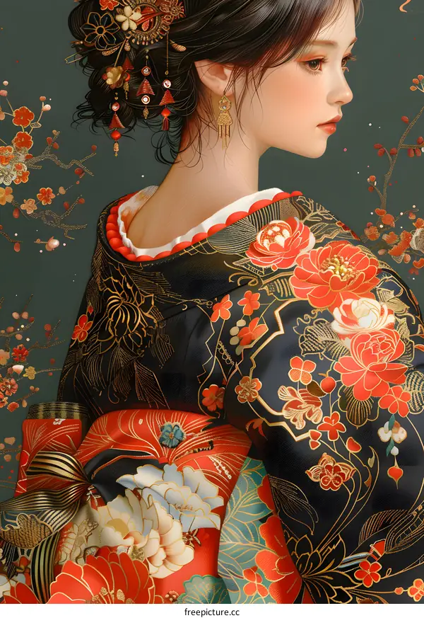 An illustration of a Japanese woman wearing a kimono with red and white flowers.