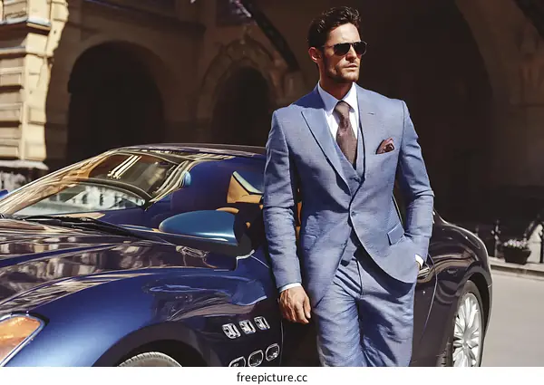 Stylish Man in Light Blue Suit by Luxury Car