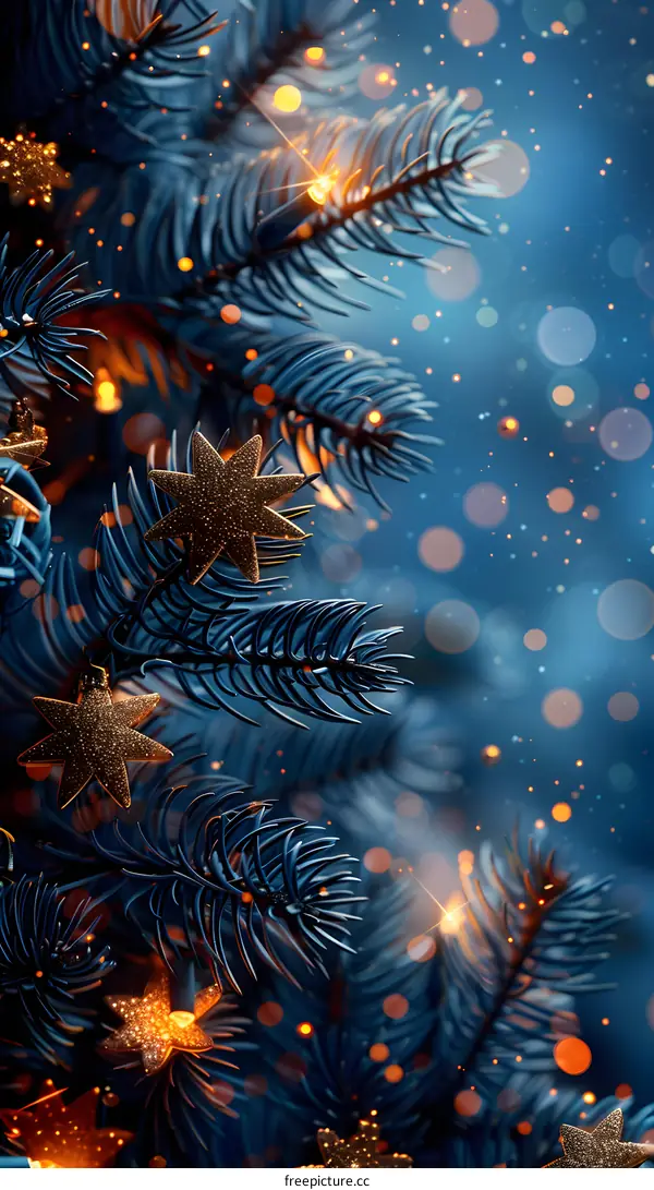 Christmas tree with blue and gold ornaments