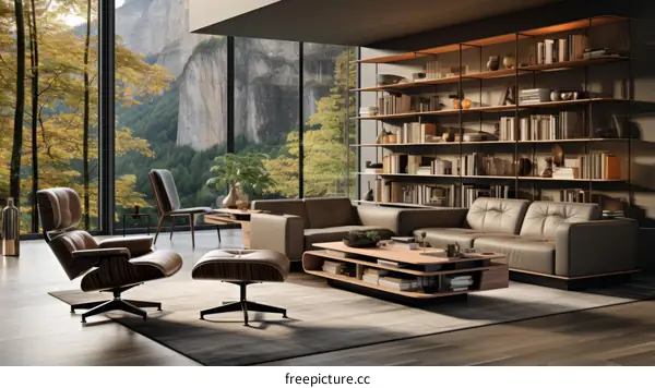 Modern living room interior with large windows and mountain views