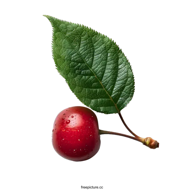 [Transparent Background PNG]Red Cherry with Leaf on White Background