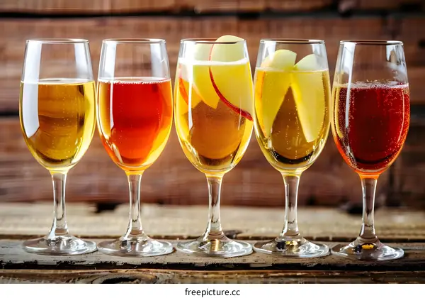 Four Glasses of Sparkling Apple Cider on a Wooden Table