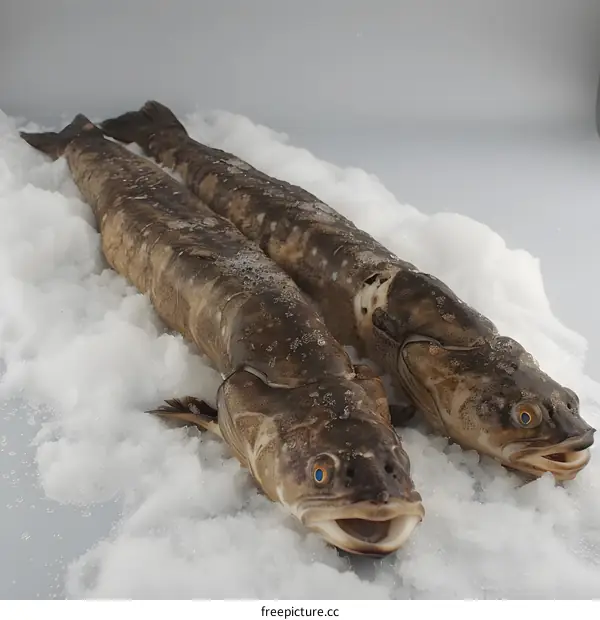 Two frozen fish on ice